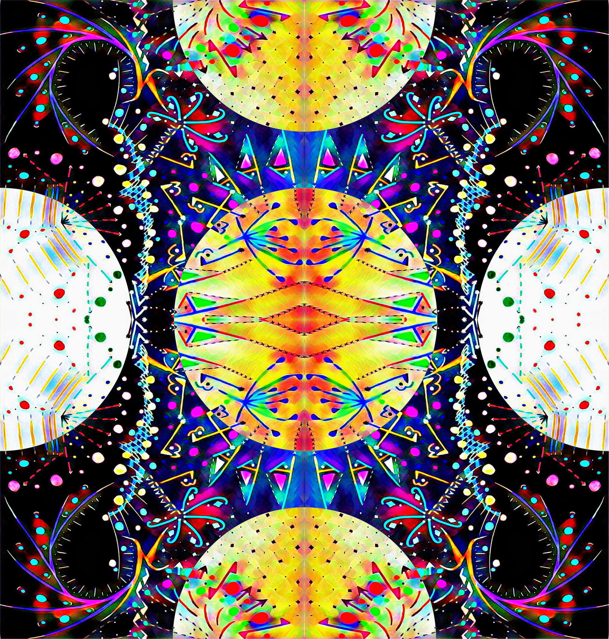 White and yellow orbs over a colorful black background with repeating geometric patterns